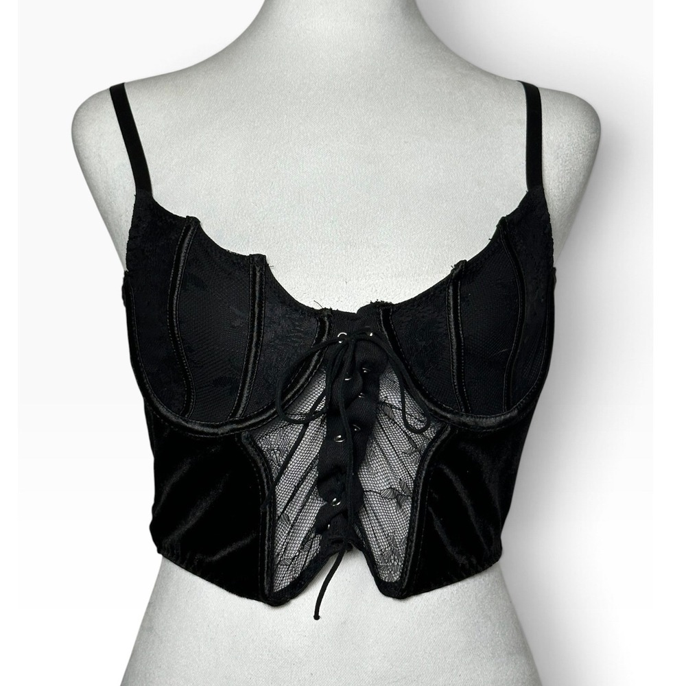 Romwe Black Velvet Lace Corset Top Lace Up Bustier Camisole Size Large